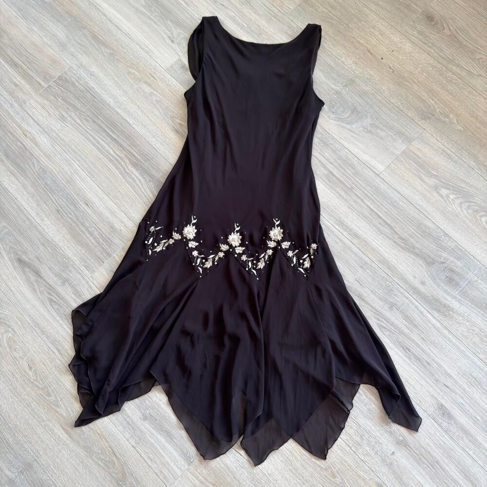 Vintage 90's Womens 18 Chocolate Brown Handkerchief Midi Dress Floral Embroidery